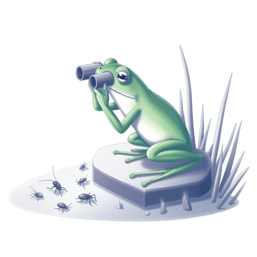 A green frog perched on a grassy lookout. The frog holds a pair of binoculars in its front limbs, intently focusing on a herd of small insects below. The lookout is surrounded by tall blades of grass, providing a natural elevation for the frog. The insects are scattered across the ground, some near the base of the grass and others in small clusters. The scene captures the frog's expression of curiosity as it observes the activity of the insects.