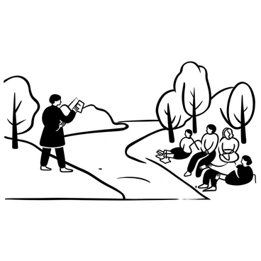 A preacher standing on the bank of a river, speaking to a crowd sitting on the opposite shore