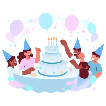 A colorful birthday party scene is filled with various balloons in different shapes and sizes. A large cake with multiple layers is placed on a table, adorned with candles and festive decorations. Surrounding the table, several children are wearing vibrant party hats. Each child is engaged in cheerful activities, such as playing games or laughing with one another. Streamers hang from above, adding to the festive atmosphere.