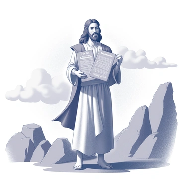 A figure of Moses standing atop a mountainous terrain, with dramatic rocky outcrops in the background. He is depicted with long hair and a flowing robe that gives a sense of movement. In his arms, he is holding two stone tablets, each inscribed with "The Ten Commandments" in clear text. Moses has a solemn expression on his face, emphasizing the significance of the moment. The sky above is partly cloudy, creating a sense of divine presence.
