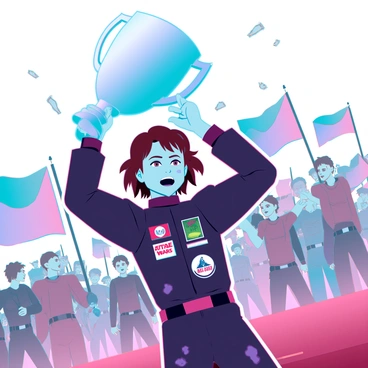 Anakin Skywalker, a young boy with medium brown hair and a determined expression, is triumphantly holding a shiny, large trophy above his head. He is wearing a dirt-smeared racing jumpsuit adorned with various patches and logos, indicating his participation in the podrace. The background features a bustling crowd, with spectators cheering and waving flags in excitement. Dust and debris are visible in the air, suggesting the intensity of the race just concluded. Sunlight reflects off the trophy, highlighting Anakin's pride and the thrilling atmosphere of victory.