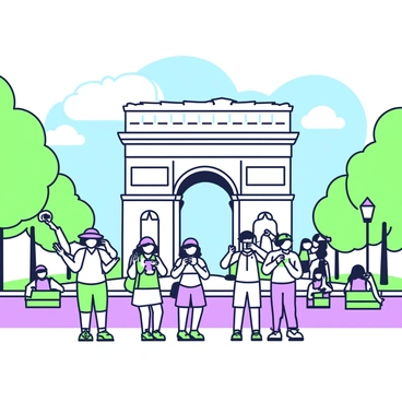 A group of tourists is gathered in front of the "Arc de Triomphe" taking photos. Some of them hold cameras while others use their phones. In the background, the monument stands tall, showcasing its detailed arches and sculptures. The tourists are wearing casual summer clothing and hats to shield themselves from the sun. There are a few trees lining the street, providing shade, and a couple of benches where other visitors are seated. A blue sky with a few fluffy clouds is visible above the scene.