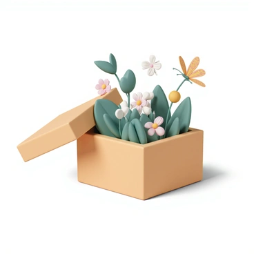 An illustration box filled with natural elements like leaves, flowers, and butterflies, inspiring a creative scene.