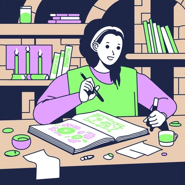 A medieval artist is sitting at a wooden table in a dimly lit room, illuminated by the flickering light of candles. The artist is focused on a large, open book laid out before them, detailing a page with intricate illustrations. The artist holds a small brush in their right hand, carefully adding vibrant details to the designs on the page. On the table, there are various tools such as quills, ink pots, and scattered sheets of parchment. The room features stone walls and a wooden beam ceiling, with a few shelves lined with books and scrolls in the background.