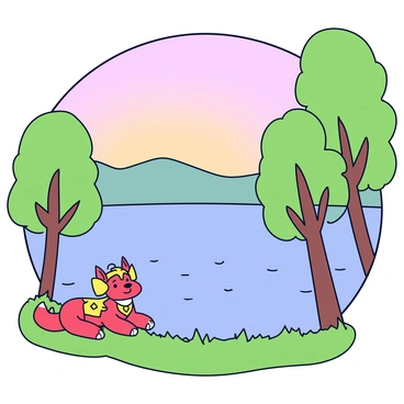 A barongsai with vibrant red and gold colors is quietly resting beside a tranquil lake. The lake reflects the soft pastel colors of dawn, with gentle ripples breaking the surface. Surrounding the lake are lush green trees that frame the scene, their leaves glistening with morning dew. The sky above is painted in shades of light pink and soft orange, indicating the early morning light. The atmosphere is calm, with the barongsai peacefully settled on the grassy bank.