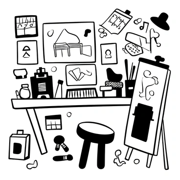An artist's desk cluttered with sketches of pianos in various stages of completion. Some illustrations depict detailed piano designs, while others showcase conceptual ideas. Scattered around the desk are numerous art supplies including charcoals, brushes, ink bottles, and sketch pads. A partially completed drawing rests on an easel beside the desk. The overall atmosphere conveys a sense of creativity and artistic exploration.