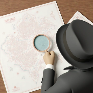 A detective, wearing a dark trench coat and a fedora, has their gloved right hand holding a magnifying glass. The magnifying glass is focused on a detailed, old map spread out on a wooden table. The map features intricate lines, symbols, and annotations. The detective's hand appears poised and deliberate, emphasizing a sense of investigation. The soft lighting casts subtle shadows, highlighting the texture of the table and the crisp details of the map.