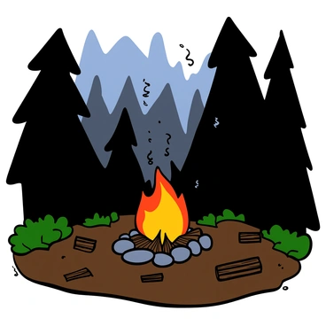 A campfire surrounded by a circle of stones burning brightly in a mysterious foggy forest. The flames are casting a warm glow that illuminates the nearby trees, their tall silhouettes looming in the fog. Wisps of mist swirl gently around the campfire, creating an ethereal atmosphere. Small logs and pieces of firewood are scattered around the campsite, and the ground is covered with soft leaves and underbrush. The forest is dense and dark, with shadows merging into the fog in the background.