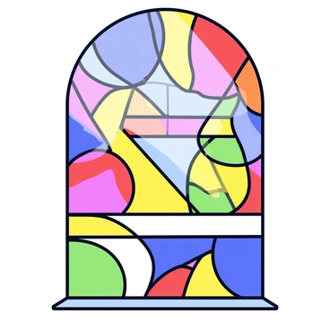 A stained glass window featuring an abstract design with vibrant colors. The design includes geometric shapes such as circles, triangles, and rectangles. Each segment of glass is filled with hues of red, blue, yellow, green, and orange, creating a harmonious blend. The sunlight filters through the glass, casting colorful reflections on the walls. The window is framed in a simple black metal border.