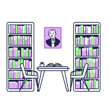 A quiet library corner is arranged with tall bookshelves filled with books organized by size. In the center, there is a wooden table with an open book resting on it, surrounded by two chairs. On the wall, there is a framed portrait of a famous author, depicted with a thoughtful expression and dressed in period clothing. The lighting is soft, creating a warm ambiance that invites reading. A small potted plant sits on the table, adding a touch of greenery to the scene.