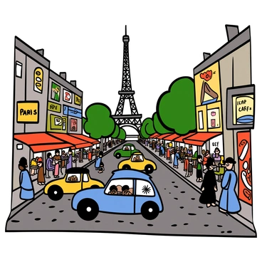 A bustling Paris street scene from the 1930s filled with activity. Vintage cars, such as Citroëns and Peugeot models, are parked along the cobblestone streets. People are walking in fashionable attire typical of the era, including men in fedoras and women in stylish dresses. In the background, iconic landmarks like the Eiffel Tower and the Arc de Triomphe are visible, adding to the city's charm. Street cafes with patrons sitting at tables under awnings are scattered along the sidewalks, creating a lively atmosphere. Banners and posters from the time can be seen on the walls of nearby buildings, enhancing the historical context.