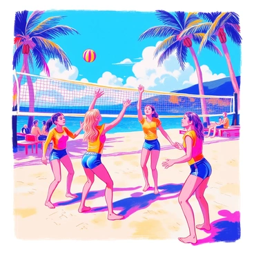 A group of four players is practicing their serves on a sandy volleyball court under a bright, sunny sky. The players are wearing colorful sports jerseys and shorts, with two male players and two female players in the group. One player is in mid-air, preparing to hit the ball, while another player stands ready to receive. The volleyball net is set up in the background, and palm trees can be seen swaying slightly in the breeze nearby. A few spectators are sitting on benches, enjoying the game and the warm weather.