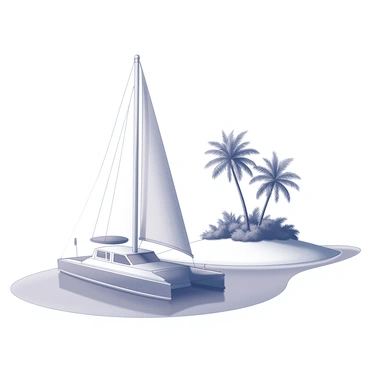 A sail barge is anchored near a tropical island, depicted in a monochrome drawing. The barge features a large triangular sail fully extended, catching the breeze. The island is characterized by several tall palm trees, their fronds gently swaying. The shoreline of the island has a gentle curve, and the water near the barge is clear, showcasing the sandy bottom. The sky above is open and free of clouds, enhancing the tropical feel of the scene.