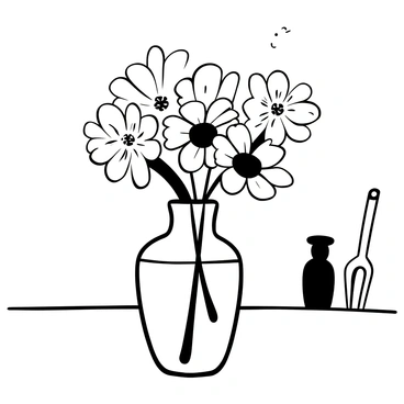 A simple glass vase placed on a kitchen table, filled with fresh flannel flowers, showcasing their textured petals. The vase has a smooth, elegant shape, reflecting light from various angles. The kitchen table has a polished surface, displaying subtle wood grain patterns. In the background, there are kitchen utensils neatly arranged, adding context to the scene.