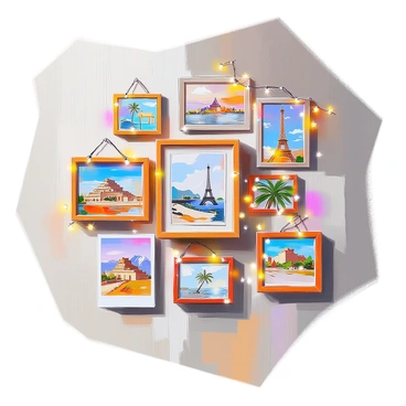 A travel-themed wall adorned with numerous frames displaying postcards from various countries around the world. The frames are of different sizes and designs, arranged in an eclectic collage. Each postcard features vibrant imagery representing landmarks, cultures, and iconic symbols from places like the Eiffel Tower, the Great Wall of China, and tropical beaches. The wall has a rustic wooden texture, adding warmth to the display. Some postcards are slightly overlapping, creating a layered effect, while a few have decorative string lights intertwined among them, enhancing the travel atmosphere.