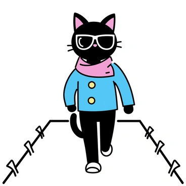 A cat with a sleek black coat, wearing a fashionable blue jacket adorned with gold buttons, strutting confidently down a narrow runway. The cat has a pair of oversized sunglasses resting on its nose and a stylish red scarf tied around its neck. The runway is bordered by simple white lights, accentuating the cat's elegant posture and the vibrancy of its attire.