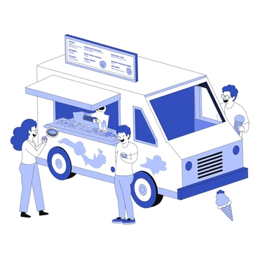 A food truck is parked on a busy street, its side window open, displaying a vibrant menu with various food items. A group of diverse people, including a woman with curly hair and a man wearing glasses, are gathered around the truck, each holding a tasty dish. One person is reaching for a freshly made taco, while another is taking a bite of a gourmet burger. Nearby, a child is excitedly holding a colorful ice cream cone. The atmosphere is filled with laughter, and the truck has a cheerful design, featuring playful graphics on its exterior.