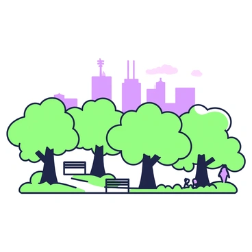 A city skyline with tall buildings and antennas protruding into the sky. The buildings appear slightly obscured by a layer of smog hanging in the air. In the foreground, there is a large green park featuring several trees. The trees have thick trunks and lush leaves, providing a stark contrast to the skyline. Around the trees, there are small clearings with benches and pathways, where a few people are walking and enjoying the fresh air. The overall scene captures the juxtaposition of the urban environment and the clean, natural space.