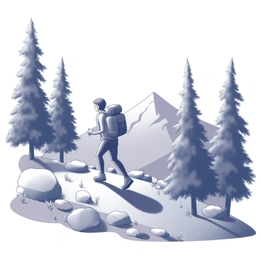 A person hiking up a mountain trail. The individual is equipped with a backpack and wearing sturdy hiking boots. Tall trees line the sides of the trail, with their leaves creating a natural canopy overhead. The ground is rocky and uneven, suggesting a sense of challenge in the journey. Various plants and small flowers can be seen growing alongside the path. In the distance, the peak of the mountain is visible, towering majestically against the sky. The atmosphere suggests a sense of exploration and connection with nature.