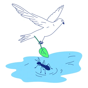 A white dove is hovering gracefully above a blue stream, with its wings outstretched. The dove is delicately holding a green leaf in its beak, ready to drop it into the water below. Below the dove, an ant is struggling in the water, its tiny legs paddling furiously. The scene captures a moment of kindness, as the leaf is just about to touch the water near the ant, offering a chance for rescue. The surrounding area shows gentle ripples in the water, emphasizing the struggle of the ant.