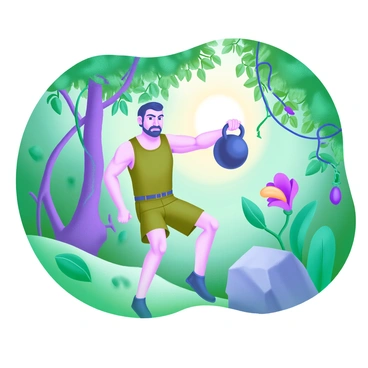 An explorer dressed in an olive green tank top and cargo shorts is performing kettlebell swings in the heart of a dense jungle. The explorer has a determined expression on their face, showcasing focus and strength. Lush green foliage surrounds the scene, with large tropical leaves, vines, and colorful flowers creating a vibrant atmosphere. Sunlight filters through the canopy above, casting dappled shadows on the ground. Nearby, a sturdy tree trunk and a large rock provide context to the jungle environment. The kettlebell is a glossy black, contrasting with the vivid greens of the jungle.