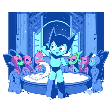A blue humanoid robot with large expressive eyes, resembling Astro Boy, stands confidently in front of an alien council. The council consists of various aliens with unique features, such as long tentacles and vibrant skin colors. The grand chamber is filled with ornate decorations and towering pillars, illuminated by soft, diffused light. A large round table sits at the center, where the council members are gathered, attentively listening. Astro Boy is holding a glowing white scroll that emanates light, symbolizing the peace proposal. Behind him, a large window shows a starry space scene, adding to the atmosphere of intergalactic diplomacy.