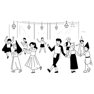 A large ballroom filled with children dressed as various fairytale characters. Some children are wearing costumes that resemble a princess with a flowing gown and a crown, a brave knight in shining armor, and a mischievous elf in a tunic and pointed hat. The children are joyfully dancing in pairs, with some holding hands and others twirling. The atmosphere is lively, with children smiling and enjoying the moment. There are elegant chandeliers hanging from the ceiling, and ornate decorations adorning the walls, adding to the enchanting ambiance of the ball.