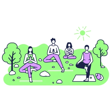 A group of five people is practicing yoga on colorful mats laid out on a grassy field. Each individual is performing a different yoga pose, such as a warrior pose, downward dog, and tree pose. Surrounding them, there are trees with lush leaves and a few large rocks scattered throughout the area. The sun is shining gently in the sky above, casting soft shadows on the grass. In the background, there are distant hills, creating a serene backdrop to this outdoor setting.