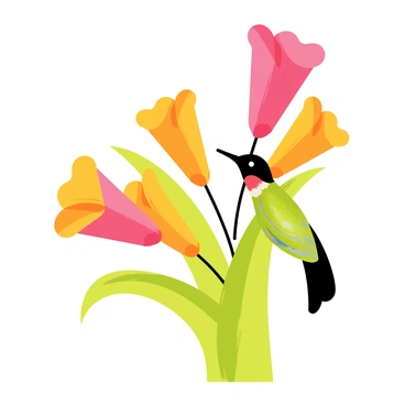 A colorful hummingbird hovering in front of a cluster of bright orange and pink trumpet-shaped flowers. The flowers have elongated petals that curve gracefully downward, creating a vibrant contrast against the green leaves surrounding them. The hummingbird has iridescent feathers, with shimmering greens and blues, as it delicately flaps its wings. Sunlight casts a gentle glow, highlighting the intricate details of the flowers and the hummingbird's agile form.