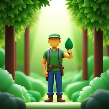 An environmentalist standing in a lush green forest. The environmentalist is holding "a leaf-shaped award" in one hand, showcasing it proudly. Sunlight filters through the dense canopy above, creating dappled light on the forest floor. In the background, tall trees with vibrant leaves surround the scene, adding depth and richness to the composition. The environmentalist is wearing practical outdoor clothing suitable for the forest setting.