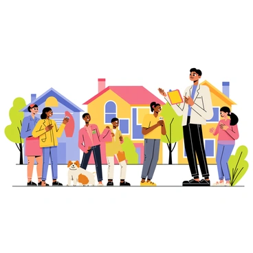 A community leader with a warm smile is standing in front of a small group of neighbors in a friendly neighborhood setting. The leader is holding a clipboard and a pen, actively engaging with the residents. The neighbors, a diverse mix of individuals, are gathered around, listening attentively and sharing their thoughts. Colorful houses line the background, and a few trees with green foliage are present, adding to the welcoming atmosphere. A small dog sits nearby, adding a touch of liveliness to the scene.
