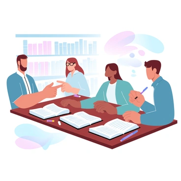 A group of three translators is sitting around a wooden table covered with various versions of a book, stacked beside notebooks and pens. One translator is gesturing towards an open book, pointing at a specific passage. The second translator, with glasses, is taking notes while observing the discussion. The third translator is leaning slightly forward, showing interest in the conversation. A warm light is illuminating the space, creating a cozy atmosphere. In the background, there are shelves filled with books and language dictionaries.