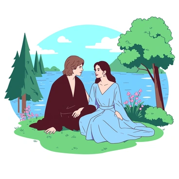 Anakin Skywalker and Padmé Amidala are sitting side by side on a soft green grass patch by a tranquil lake. Anakin, wearing his dark Jedi robes, looks at Padmé with affection, his hand resting gently on her shoulder. Padmé is dressed in a flowing light blue gown, her hair elegantly styled. The lake reflects the clear blue sky, with gentle ripples on the surface. Surrounding them are lush green trees and vibrant flowers adding color to the serene landscape. Sunlight filters through the leaves, casting delicate shadows on the ground.
