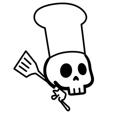 A white skull with hollow eyes, wearing a tall, white chef's hat. The skull is gripping a metallic spatula in its bony hand, positioned slightly to the side. The background is minimal, allowing the focus to remain on the skull and the spatula.