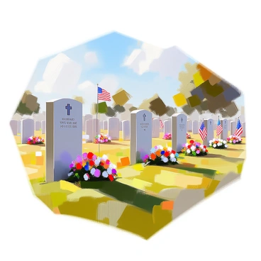 A row of uniform military graves, each marked by a neatly carved headstone. Small flags are placed in front of each grave, fluttering gently in the breeze. Colorful wreaths, made from vibrant flowers, adorn several of the headstones, symbolizing tribute and remembrance. The graves are arranged in a straight line, with well-manicured grass surrounding them, creating a solemn and respectful atmosphere. The sky above is clear, adding to the serene setting.