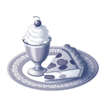 A dessert platter is prominently displayed, featuring half a sundae and half a pie. The sundae includes a scoop of ice cream topped with a generous layer of whipped cream and a cherry on top. The pie showcases a flaky crust and is filled with rich fruit filling, its texture inviting and warm. The plate has intricate patterns, adding an element of elegance to the presentation. The arrangement highlights the contrast between the smooth, creamy sundae and the textured, baked pie.