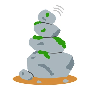 A stack of uneven gray rocks with rough textures precariously balanced on top of each other. The rocks vary in size, with some large and others small, creating an unstable formation. Several of the rocks have moss growing on their surfaces, adding green accents. The stack is positioned on a patch of brown earth, and a few smaller pebbles are scattered around the base. A light breeze causes the top rock to tilt slightly, suggesting it may topple over at any moment.