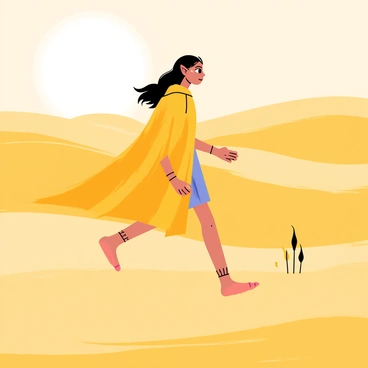 An elf with pointed ears wearing a flowing, shimmering cape is walking across the golden sand dunes of a vast desert. The elf has long, dark hair that dances in the gentle breeze, and their face is adorned with delicate, intricate patterns. The sun casts warm light, creating soft shadows on the undulating dunes that stretch endlessly in the background. Small tufts of sparse vegetation peek through the sand, adding texture to the landscape surrounding the elf.