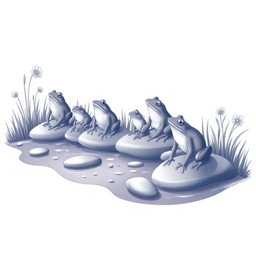 A group of frogs is gathered on a series of smooth stones lined up near a bubbling brook. The frogs are various sizes, with some perched on rock edges and others in a small cluster. Their mouths are open as they appear to be singing harmoniously. The brook flows gently in the background, with small ripples created by the water's movement. Lush grass and a few delicate wildflowers frame the scene, enhancing the natural setting. The overall atmosphere feels vibrant and alive, emphasizing the unity of the frogs in their melodic performance.