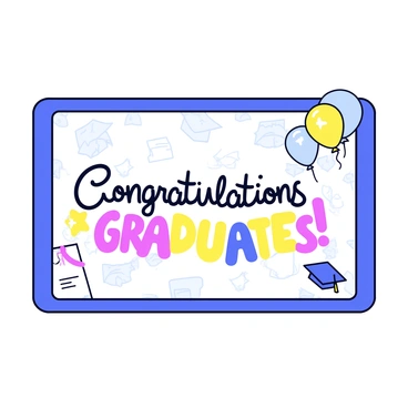 A digital screen displays a vibrant congratulatory message in bold, colorful letters that read "Congratulations Graduates!" The background features a subtle pattern of graduation caps and diplomas. The screen is framed with decorative elements like balloons and streamers. A soft glow emanates from the edges of the screen, enhancing the celebratory atmosphere.