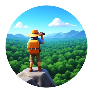 An explorer standing on a mountain peak, wearing a rugged outfit, including a wide-brimmed hat and a backpack. The explorer has binoculars around their neck, scanning the distant scenery. Below, a vast jungle stretches out, filled with lush green trees and dense foliage. In the background, a bright blue sky is visible, along with a few fluffy white clouds. The mountain peak has rocky terrain, and the sunlight casts shadows on the explorer, highlighting the silhouette against the vibrant jungle landscape.