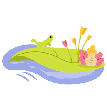 A small green tadpole with a smooth body is positioned at the edge of a vibrant green leaf that acts as a bridge. The leaf is floating over clear blue water, reflecting sunlight. The tadpole appears eager, with its tail gently waving as it prepares to leap onto the leaf. Surrounding the leaf, clusters of colorful flowers in shades of pink and yellow bloom, adding charm to the scene. In the background, small ripples on the water surface suggest gentle movement, enhancing the sense of adventure in this tranquil environment.