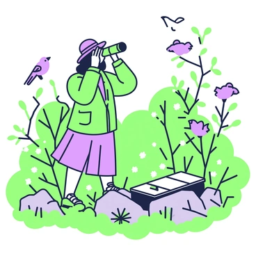 A birdwatcher is standing in a lush green forest, wearing a wide-brimmed hat and a green jacket. They are holding a pair of binoculars up to their eyes, scanning the surrounding trees. The birdwatcher has a focused expression, fully engaged in observing the wildlife. Nearby, a notebook and pencil are placed on a moss-covered rock, ready for note-taking. Various birds can be seen perched on branches, subtly blending with the foliage, while others are fluttering in the background. The scene is filled with dense greenery and scattered wildflowers, emphasizing the natural setting.