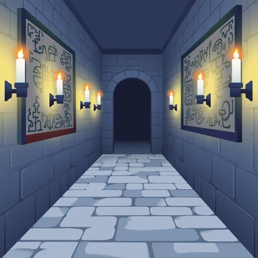 A long, narrow corridor is dimly lit by flickering candles mounted on the stone walls. The floor is made of worn cobblestones, and shadows dance along the surfaces as the candlelight sways. The walls are adorned with ancient, faded tapestries depicting cryptic symbols. At the end of the corridor, an archway leads deeper into darkness, inviting exploration into the unknown. A faint draft causes the flames of the candles to flicker more vigorously, adding to the sense of mystery.