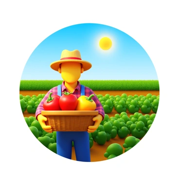 A farmer wearing a straw hat and a plaid shirt is picking ripe fruits in a sunlit field. The farmer holds a basket filled with vibrant red tomatoes and yellow bell peppers. The field is lush with green plants, and the sun casts warm light across the landscape. In the background, rows of crops extend towards the horizon under a clear blue sky.