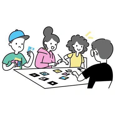 A group of four friends gathered around a rectangular wooden table, focused on a Pokémon card game. One friend, wearing a blue baseball cap and a green t-shirt, is holding a handful of colorful cards. The second friend, with curly hair and wearing a red hoodie, is examining the cards laid out on the table. The third friend, in a yellow dress, is leaning forward, pointing at a card while smiling. The fourth friend, wearing glasses and a black shirt, is shuffling a deck of cards. Various Pokémon cards of different sizes are spread out across the table, showcasing vibrant illustrations.