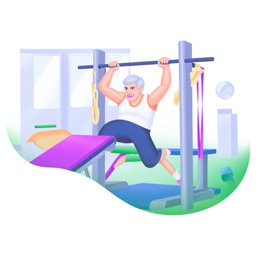 An elderly person performing an adapted inverted row using supportive equipment. They are positioned underneath a sturdy horizontal bar, gripping it with both hands. The individual is wearing comfortable athletic clothing, and their face shows determination. Nearby, there is a sturdy bench for support, and resistance bands are attached to the bar to assist with the exercise. The background features a well-lit gym environment, showcasing fitness mats and light equipment.