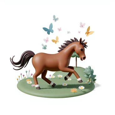 A small pony with a shiny chestnut coat and a flowing mane is frolicking joyfully in a lush green field. The pony's tail sways as it leaps playfully, showcasing its vibrant energy. Surrounding the pony, several colorful butterflies with bright wings are fluttering in the air, adding to the lively atmosphere. The field is dotted with wildflowers of various colors, providing a cheerful backdrop to the scene. The sunlight filters through the trees nearby, casting gentle shadows on the grass.