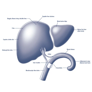 A detailed cross-section diagram of a mammalian liver. The liver is depicted with multiple lobes, showcasing their structure and organization. Each lobe is labeled clearly, highlighting the distinct components. Bile ducts are illustrated connecting various parts of the liver, emphasizing their pathways. The diagram includes blood vessels that run throughout the liver, demonstrating the complex vascular system. Text labels are placed strategically to identify lobes, ducts, and vessels for educational purposes.
