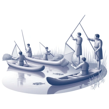 A group of ancient fishermen is gathered by a riverbank, engaged in traditional fishing methods. They are using handmade wooden boats, crafted from logs, to navigate the water. Some fishermen are casting nets, skillfully throwing them into the water with precise movements. Others are positioned in the boats, holding long spears ready to catch pike swimming below the surface. The scene is filled with natural elements, including tall grasses and reeds along the riverbank, and nearby trees providing shade. The fishermen are wearing simple tunics made from natural materials, reflecting their historical context.